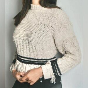 NEW Baloot Boutique | Fringe Knit Sweater in Tan & Navy - Size L - New with tags
